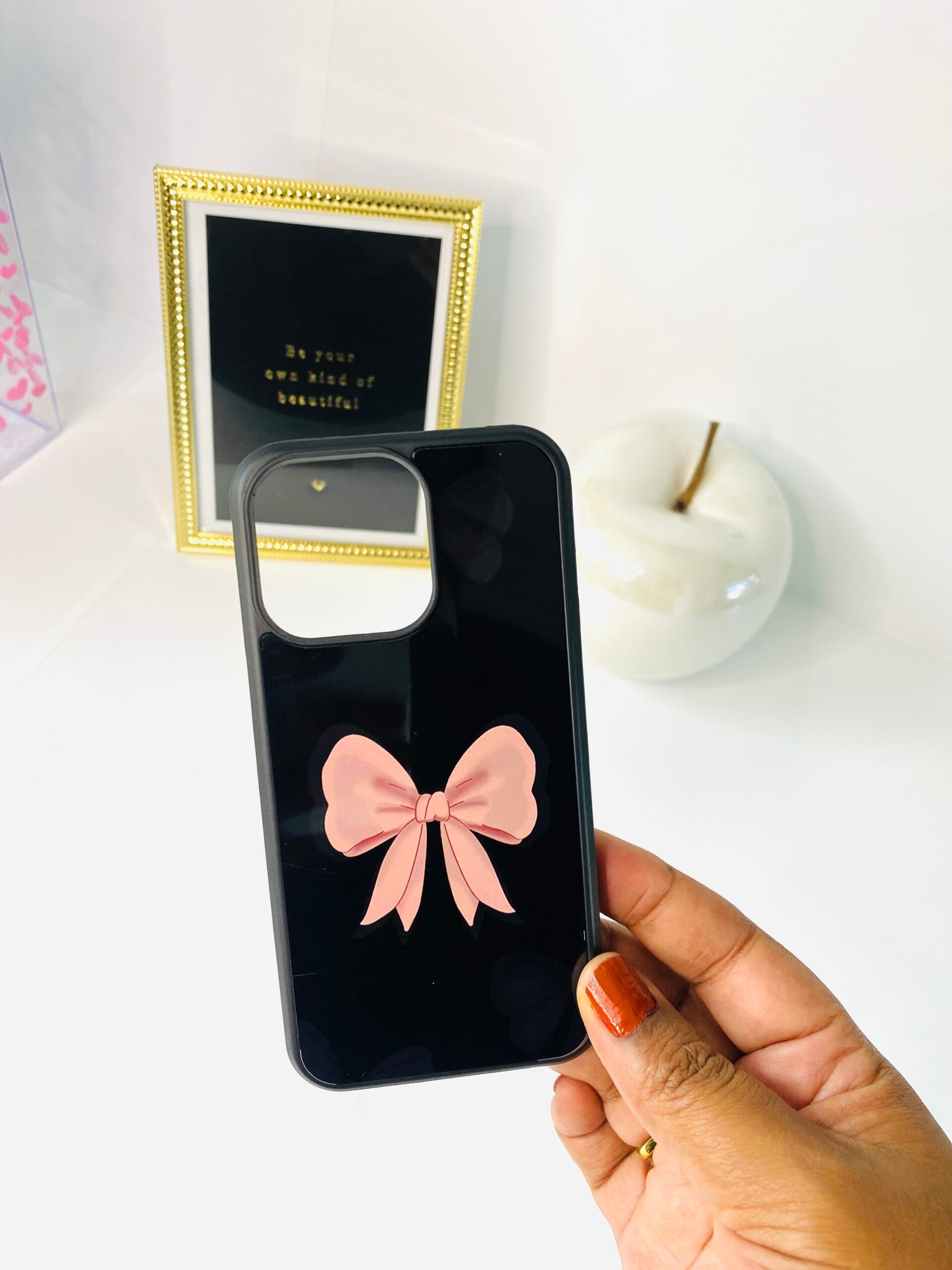 iPhone hoesje – Zwart met Roze Strikje (Sublimatie)