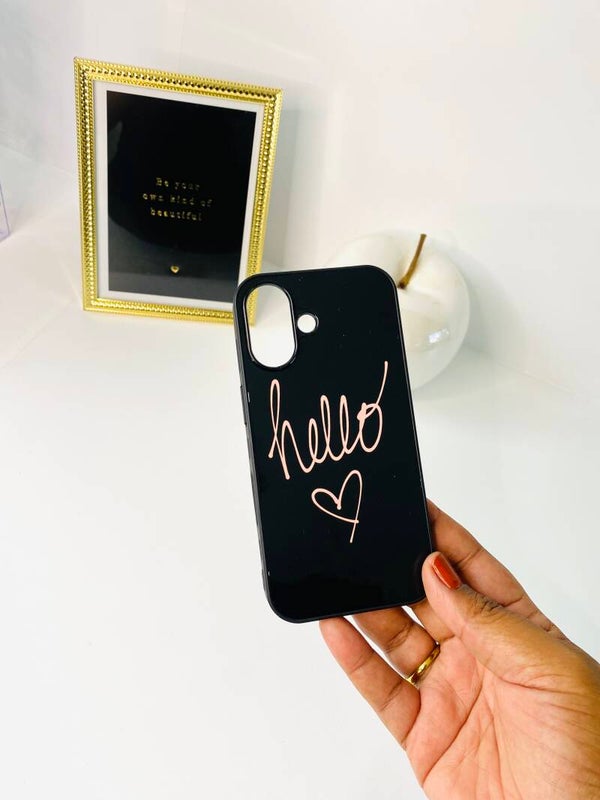 iPhone hoesje – “Hello” met Hartje (Zwart & Roze – Sublimatie)