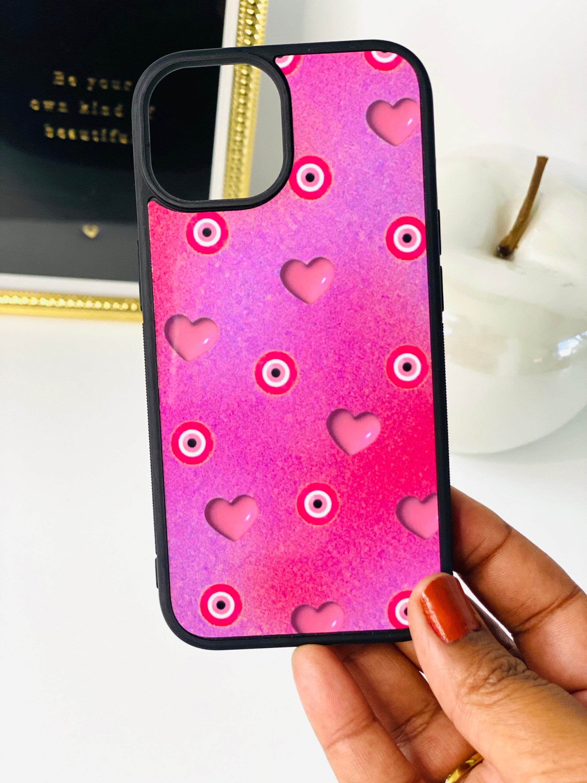 iPhone hoesje – Roze Evil Eye met Hartje (Sublimatie)