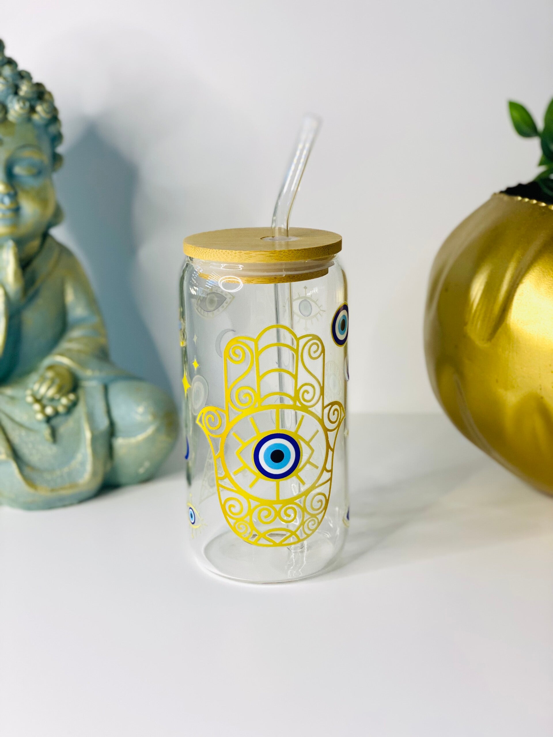 Evil Eye Drinkbeker – Glas met Bamboe Deksel & Rietje – 500 ml