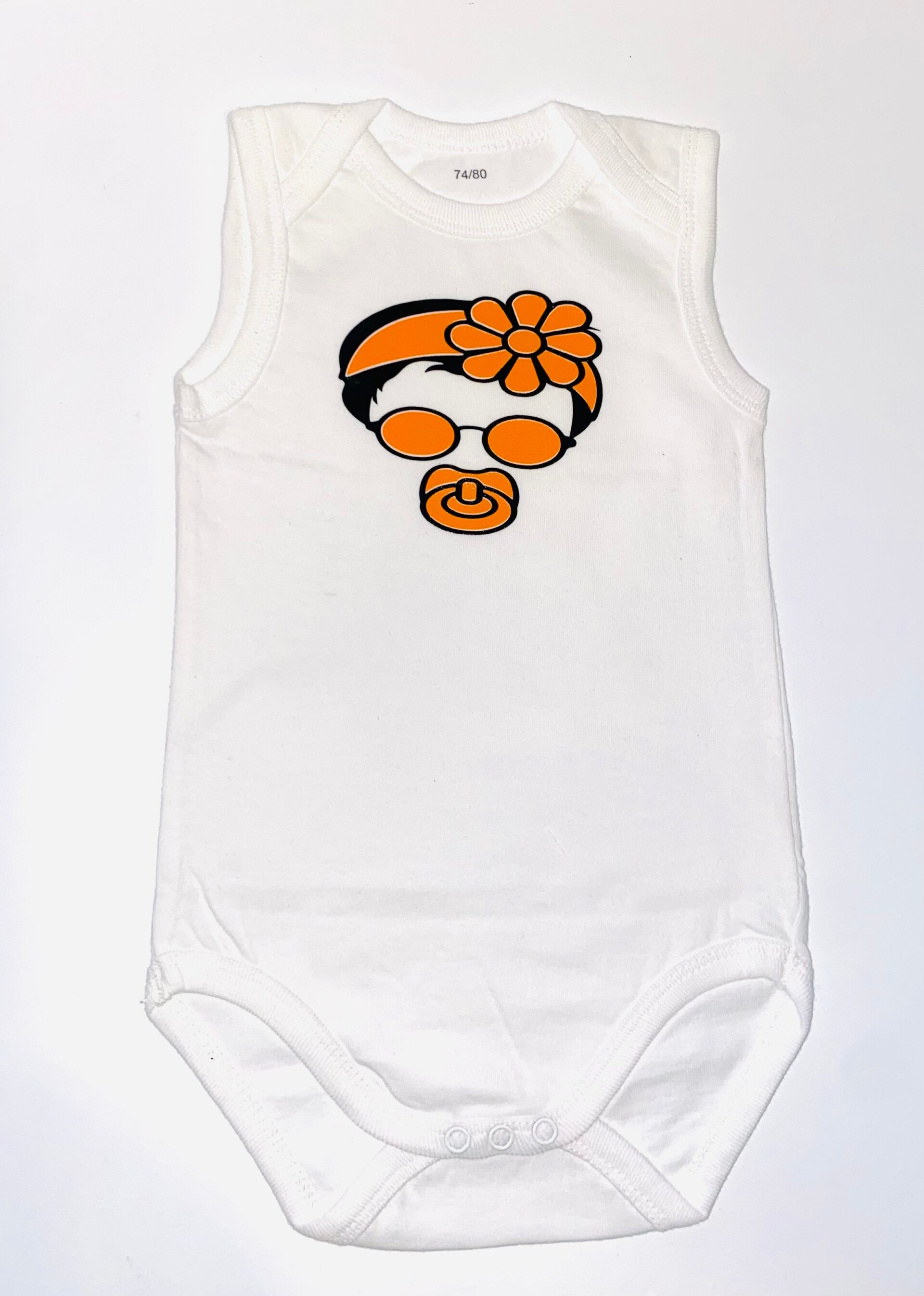 Cartoon Baby Romper – Met Speen, Strikje & Zonnebril – Oranje/Zwart Design – Maat 74/80