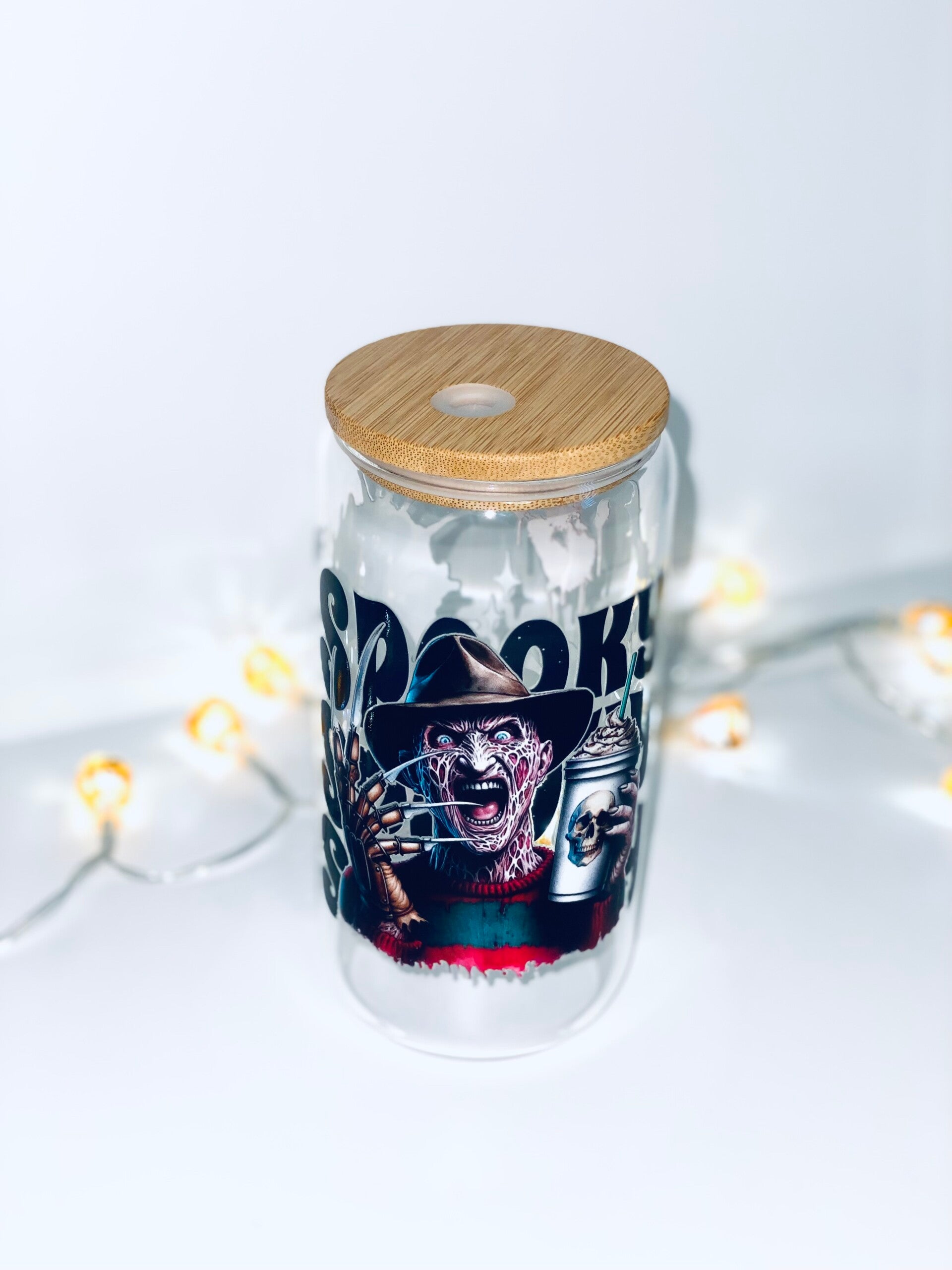 👻 Herbruikbare Halloween Beker – Glas met Bamboe Deksel, Rietje & Duurzame