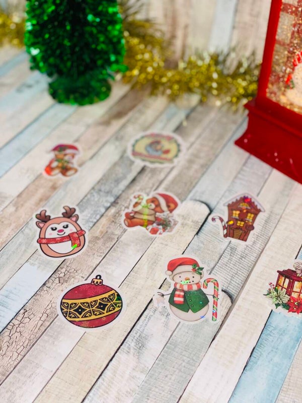 🌟 9 Kerst Sticker Set – Holografische Glans & Unieke Ontwerpen