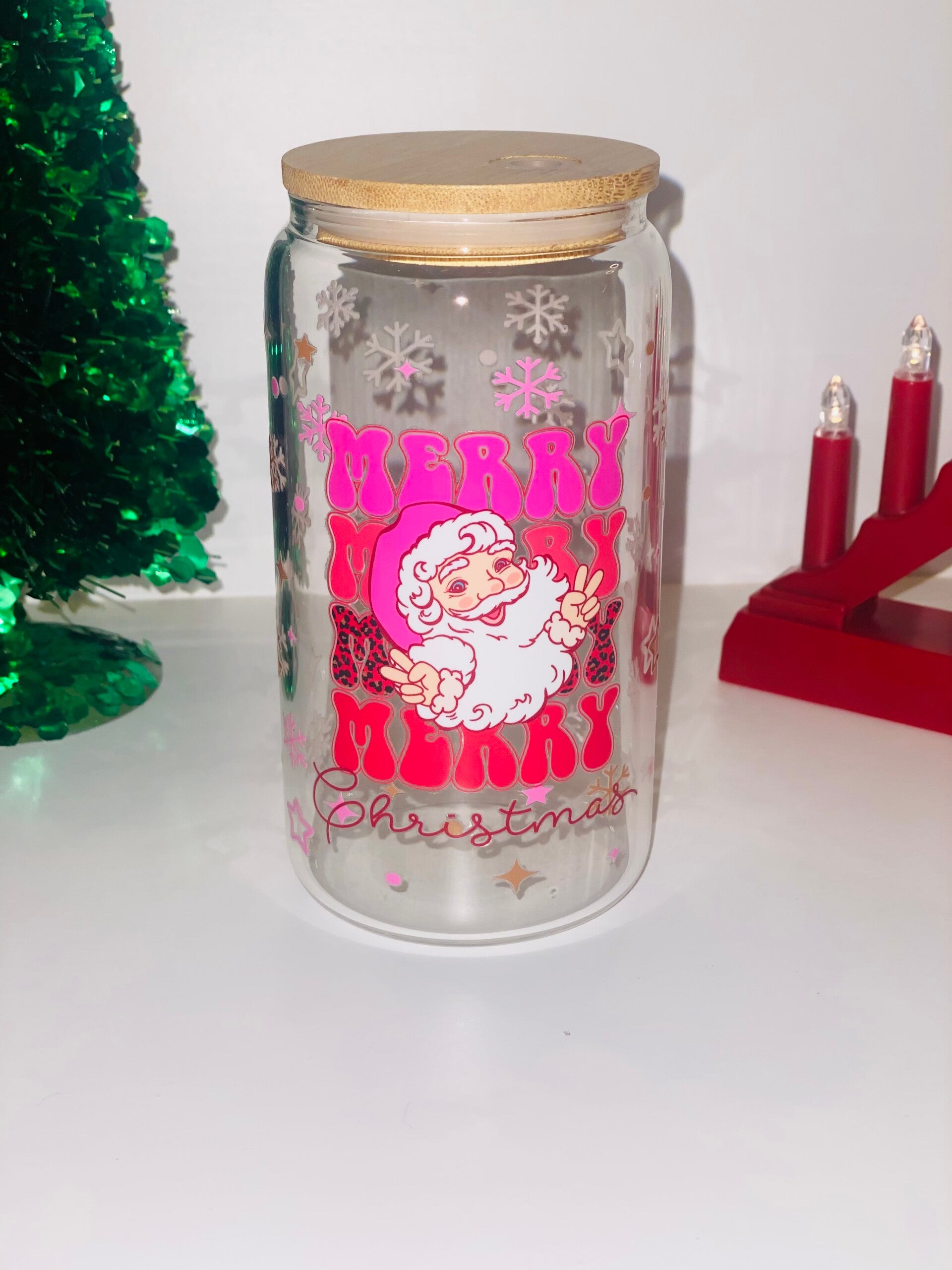 Kerst Drinkbeker met Bamboe Deksel – Bedrukt met Feestelijke DTF-print