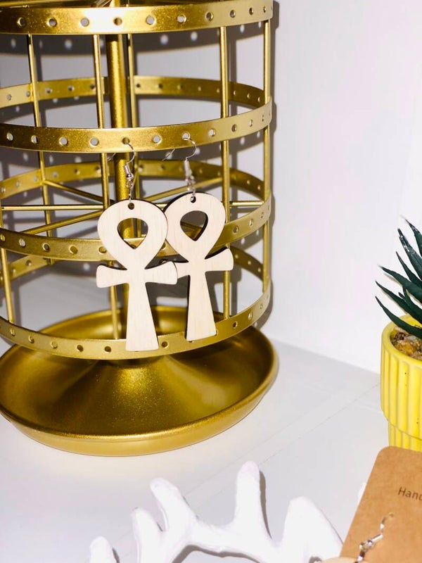 Uitgelaserde Ankh Oorbellen – 7 x 4 cm – Spirituele Levenssleutel – Statement Sieraden – Lichtgewicht Houten Oorbellen