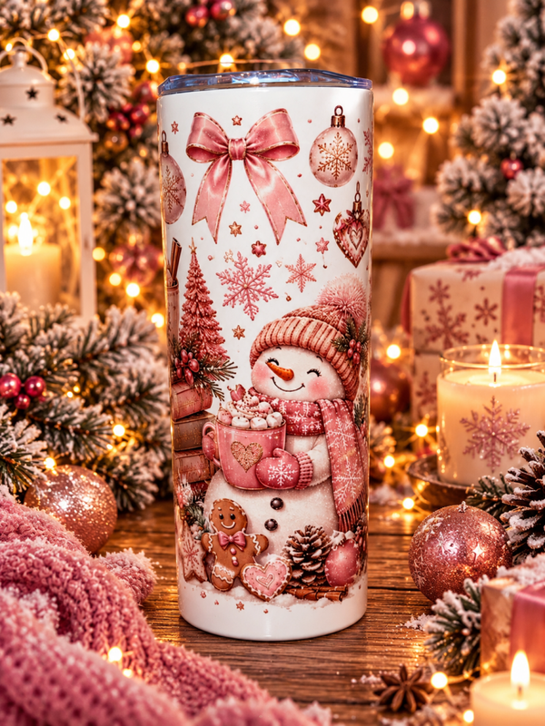 Pink Christmas Snowman ☃️🎀 – Roze Kerst Drinkbeker met Sneeuwpop