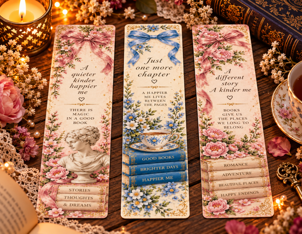 Romantic Bow Bookmarks 🎀🌸 – Set van 3 Romantische Bladwijzers