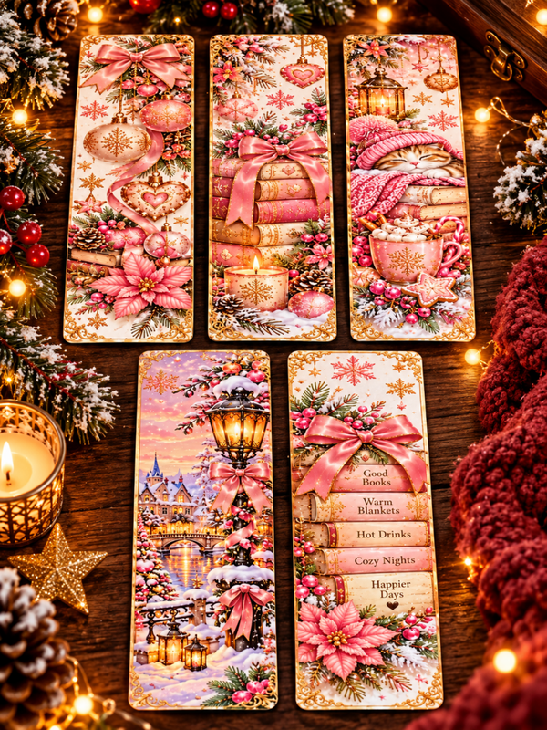 Pink Christmas Bookish Magic 🎀🎄 – Set van 5 Roze Kerstbladwijzers