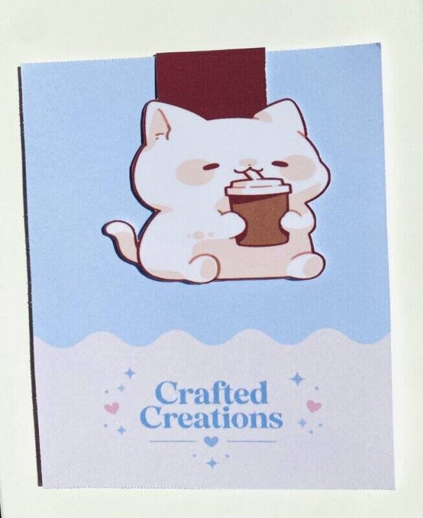 Magnetische Bladwijzer Kat met Koffie – Kawaii Boekenlegger – Handgemaakt – Crafted Creations