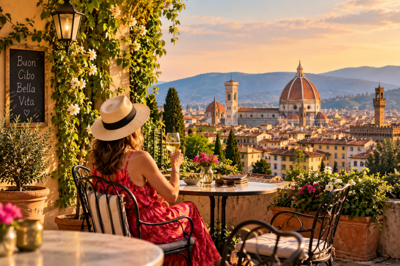 Woman enjoying a glass of wine overlooking the Duomo and terracotta rooftops of Florence at sunset