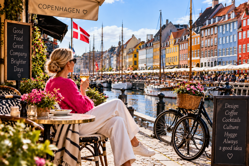 Colourful Copenhagen waterfront with historic buildings, bicycles, boats and a woman relaxing at a café