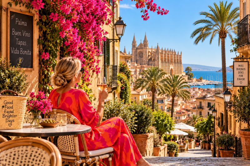 Woman enjoying a glass of wine in sunny Palma, Mallorca with palm trees, colourful flowers and the cathedral beyond