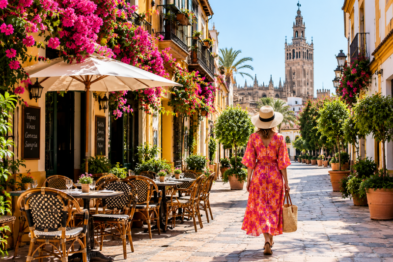 Colourful street in Seville, Spain with traditional buildings, café tables and a woman in a bright dress