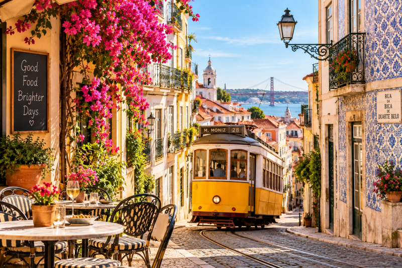 Yellow tram travelling through a colourful Lisbon street with tiled buildings, cafés and views towards the river