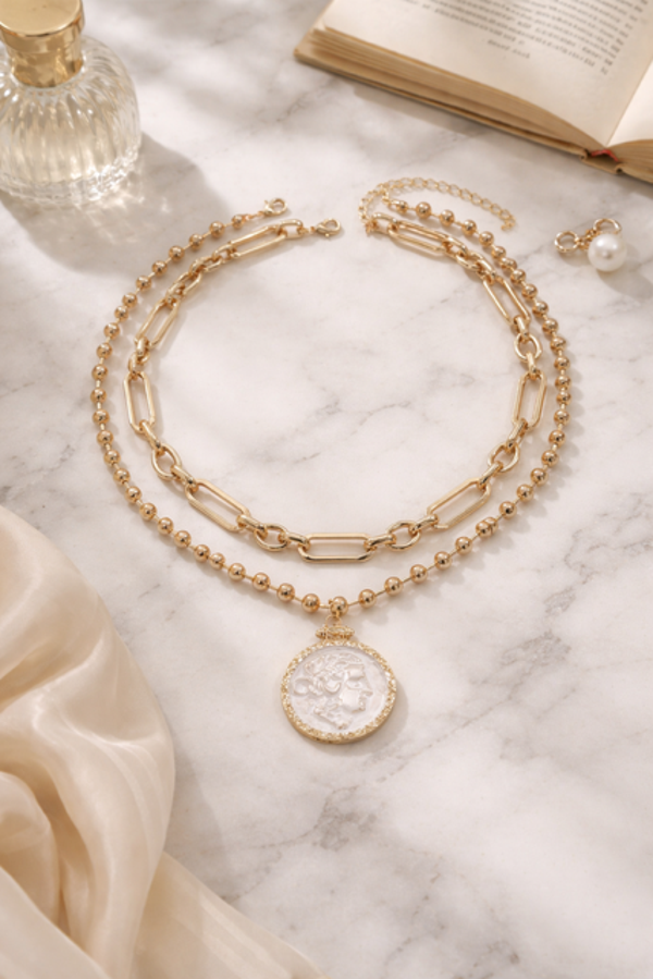 Hermoso Collar doble con Pendiente Romano