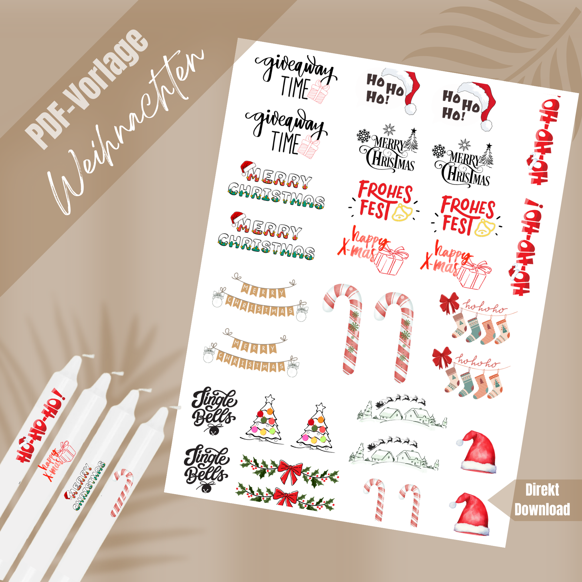 Kerzentattoos Vorlage Weihnachten – Digitale Dateien für DIY Kerzen