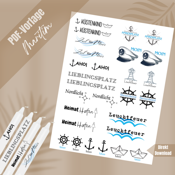 Kerzentattoos Vorlage Maritim – Digitale Dateien für DIY Kerzen