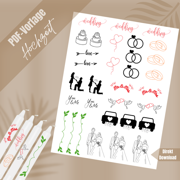 Kerzentattoos Vorlage Hochzeit – Digitale Dateien für DIY Kerzen