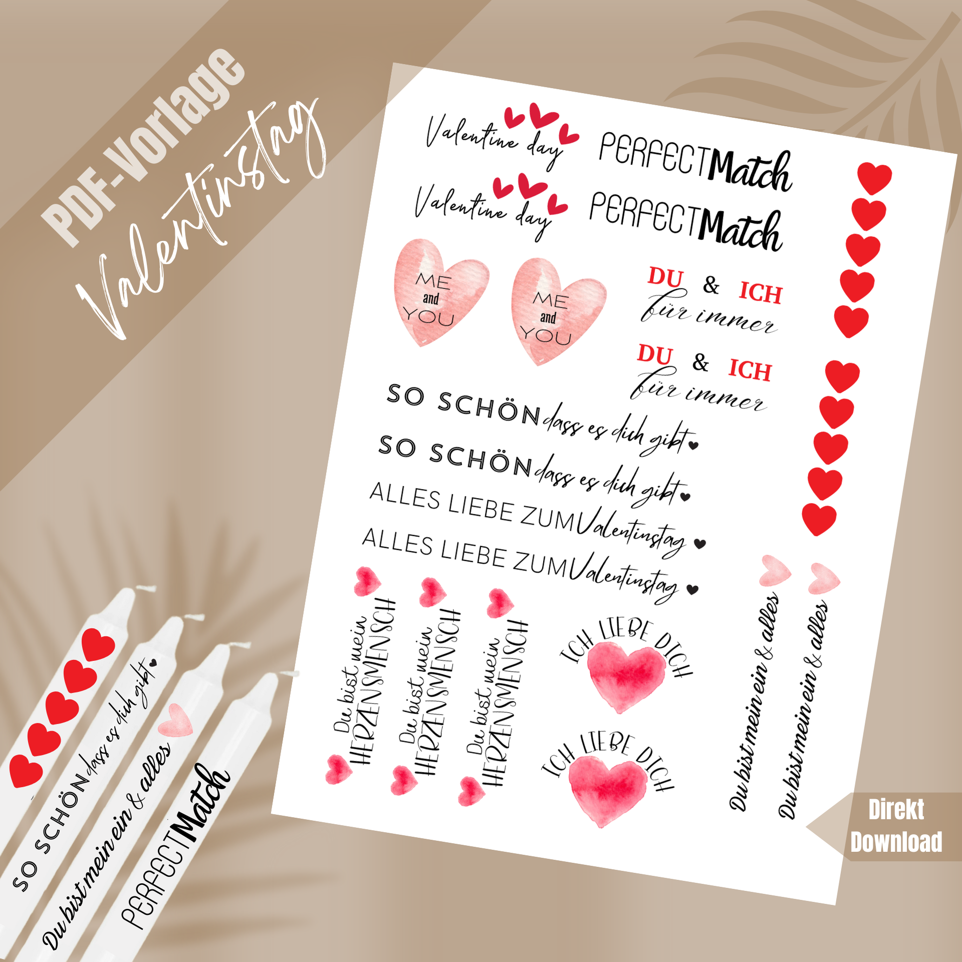 Kerzentattoos Vorlage Valentinstag – Digitale Dateien für DIY Kerzen