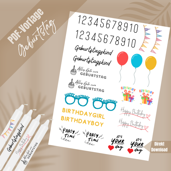 Kerzentattoos Vorlage Geburtstag 2 – Digitale Dateien für DIY Kerzen
