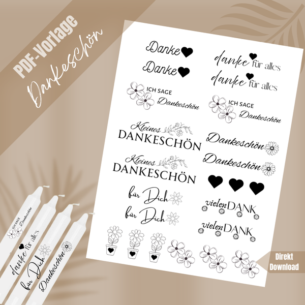 Kerzentattoos Vorlage Dankeschön – Digitale Dateien für DIY Kerzen