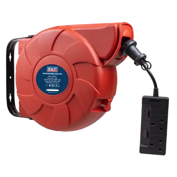 SEALEY CRM15 Cable Reel System Retractable 15m 2 x 230V Socket