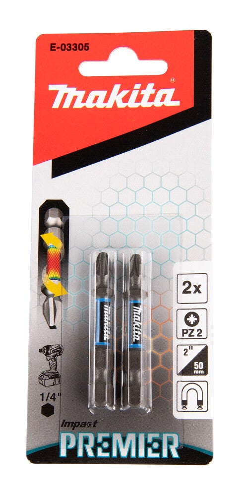 MAKITA E-03305  Torsion screw bit Impact Premier, PZ2, 50 mm, 1/4", 2 pcs