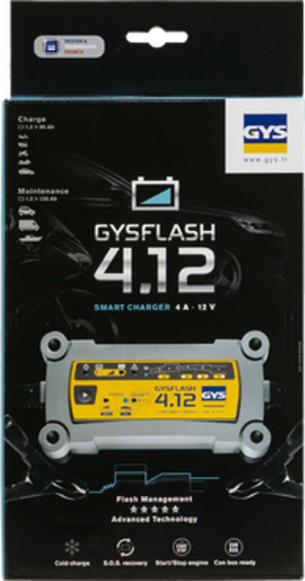 GYS FLASH 4.12  (UK) is particularly recommended for recharging motorbike, jet-ski, kart and light vehicle batteries to 12 V.