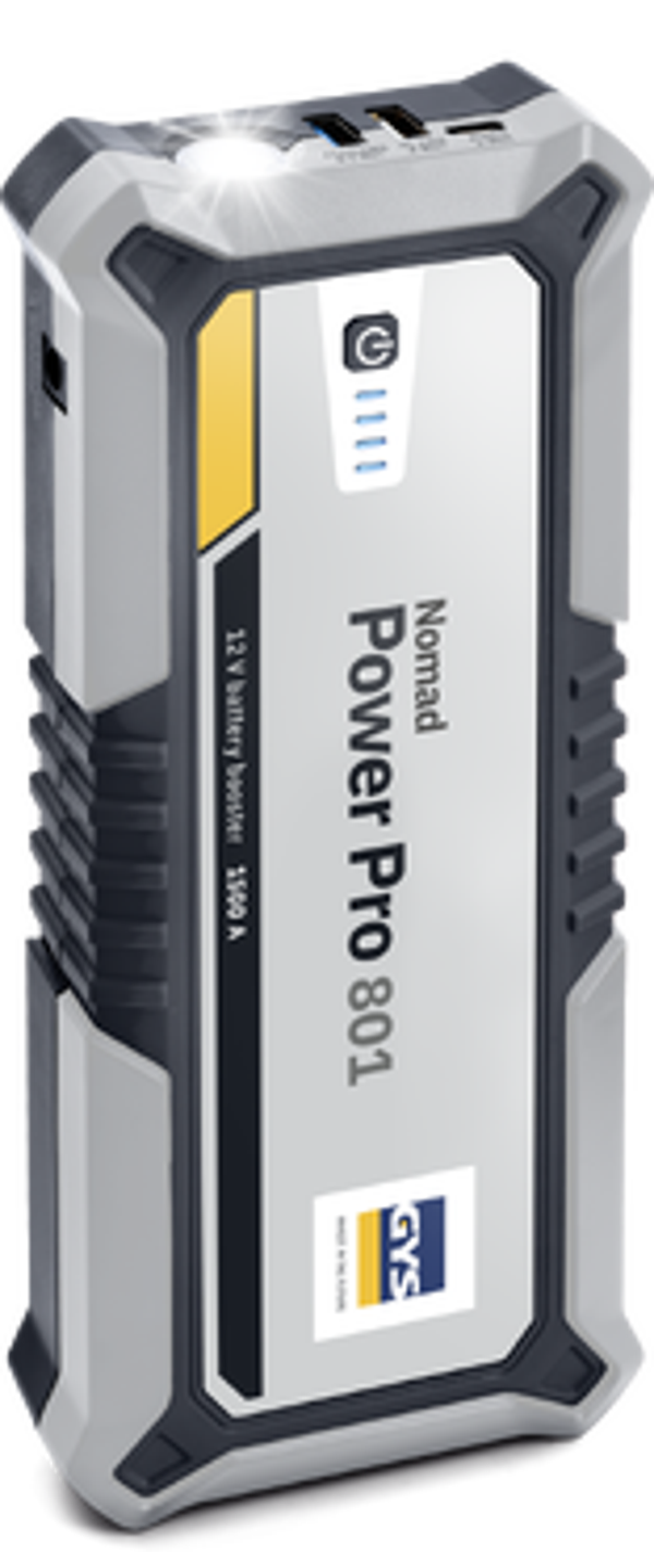 GYS NOMAD POWER PRO 801 is a high-performance lithium booster (74 Wh) combining 3 functions: