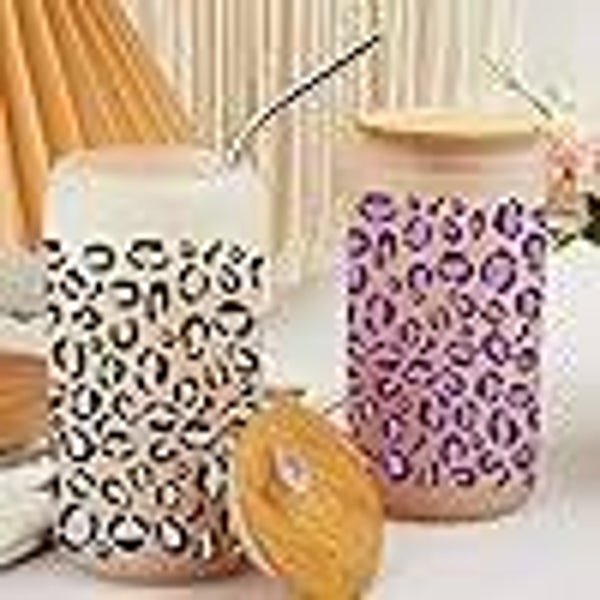 Leopardenmuster Doppelglaswandbecher mit Strohhalm