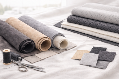 Attēlā redzami automobiļu audumi auto salona apdarei. Kvalitatīvi audumi automašīnu sēdekļu, griestu, durvju paneļu un citu auto interjera detaļu pāršūšanai un restaurācijai.