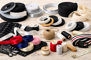 Attēlā redzamas dažādas lentes šūšanai un rokdarbiem. Plašs lentu klāsts – kontaktlente (Velcro), atlasa lente, kokvilnas lente, jostas lente, atstarojošā lente un līmējamās lentes dažādiem šūšanas projektiem, apģērbu izgatavošanai un dekoratīviem darbiem