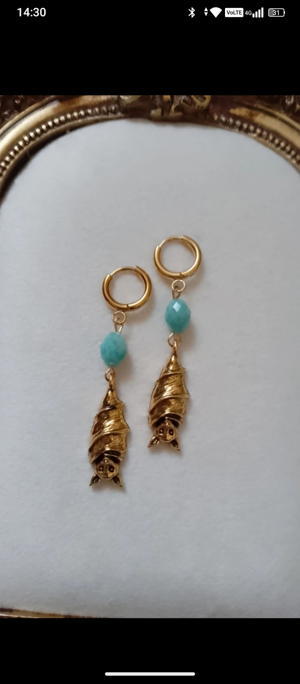 Boucles d'oreilles bohèmes créoles chauves souris pierres d'amazonite naturelles renards volants