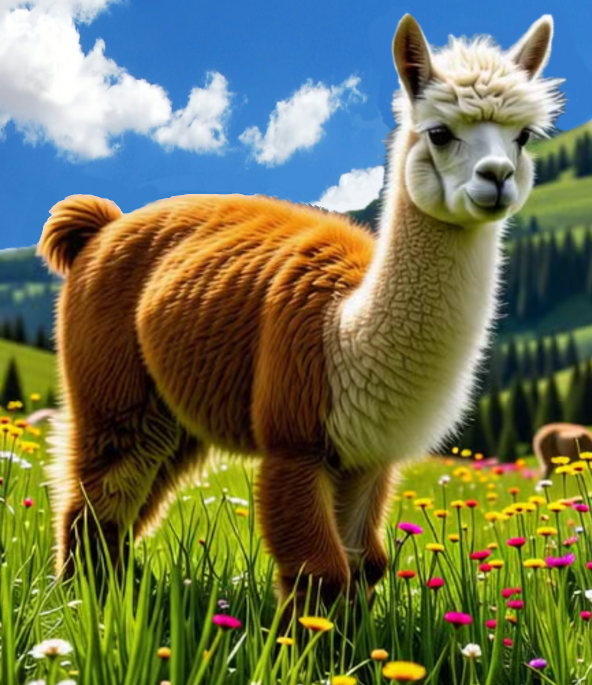 AI-generated illustration of an alpaca in a natural mountain meadow with flowers