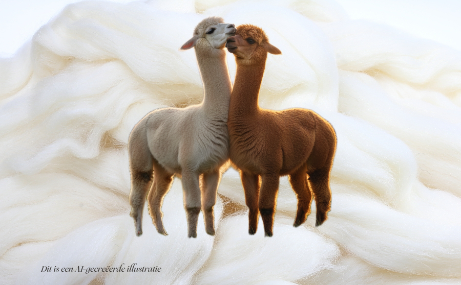 AI-gegenereerde illustratie van twee alpaca’s tijdens een Meet & Greet, geplaatst op een achtergrond van alpacawol