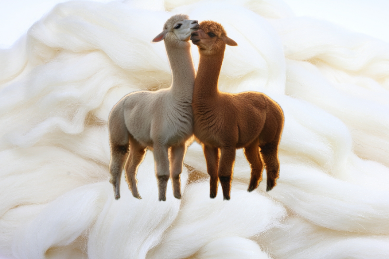 AI-generated illustration of two alpacas during a Meet & Greet on a background of alpaca wool