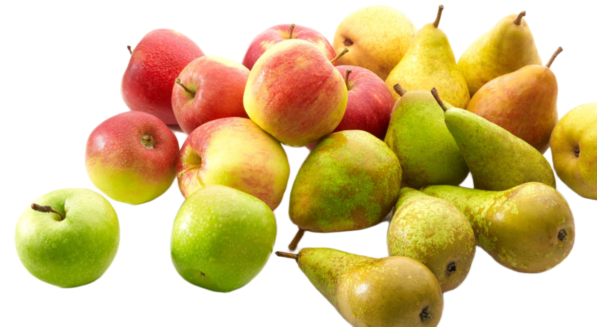 Apples and pears of different varieties and colors, presented separately