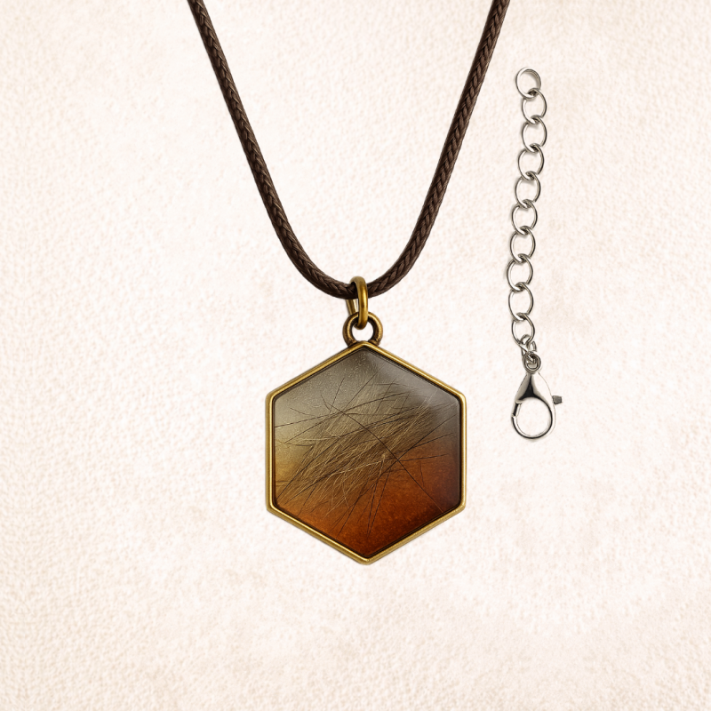 Hexagonal pendant with embedded hair, worn on a cord with extension chain