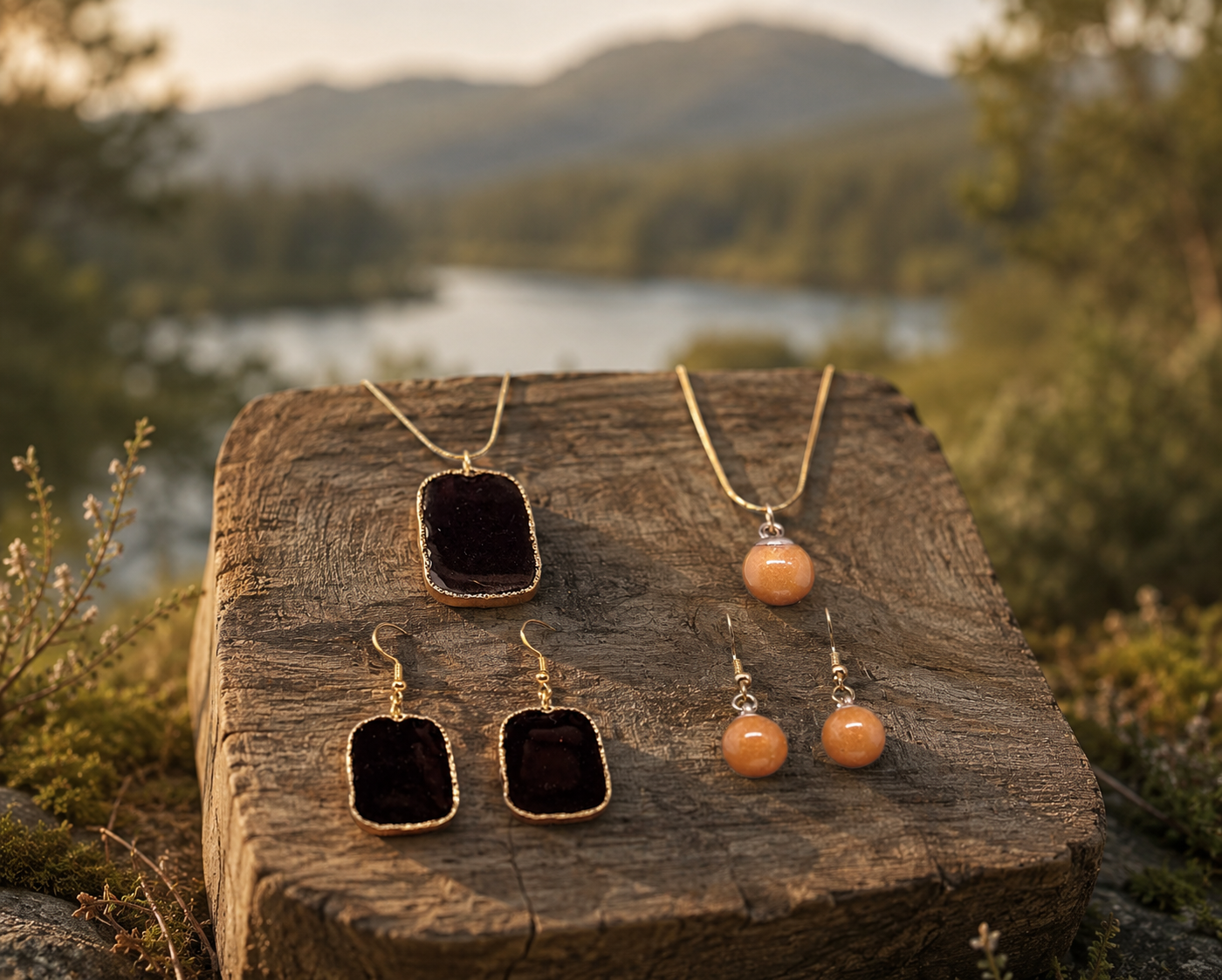 Pendants and earrings with colored inlay, presented as matching red and blue jewelry sets