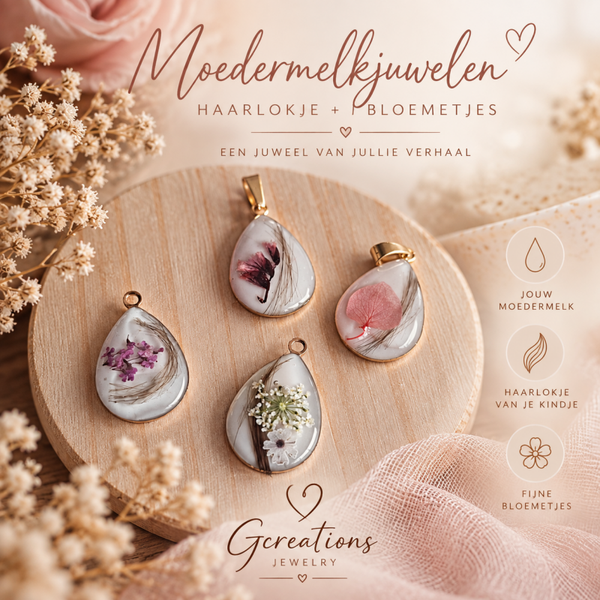 🤍 Moedermelkjuweel met haarlokje & bloemetjes