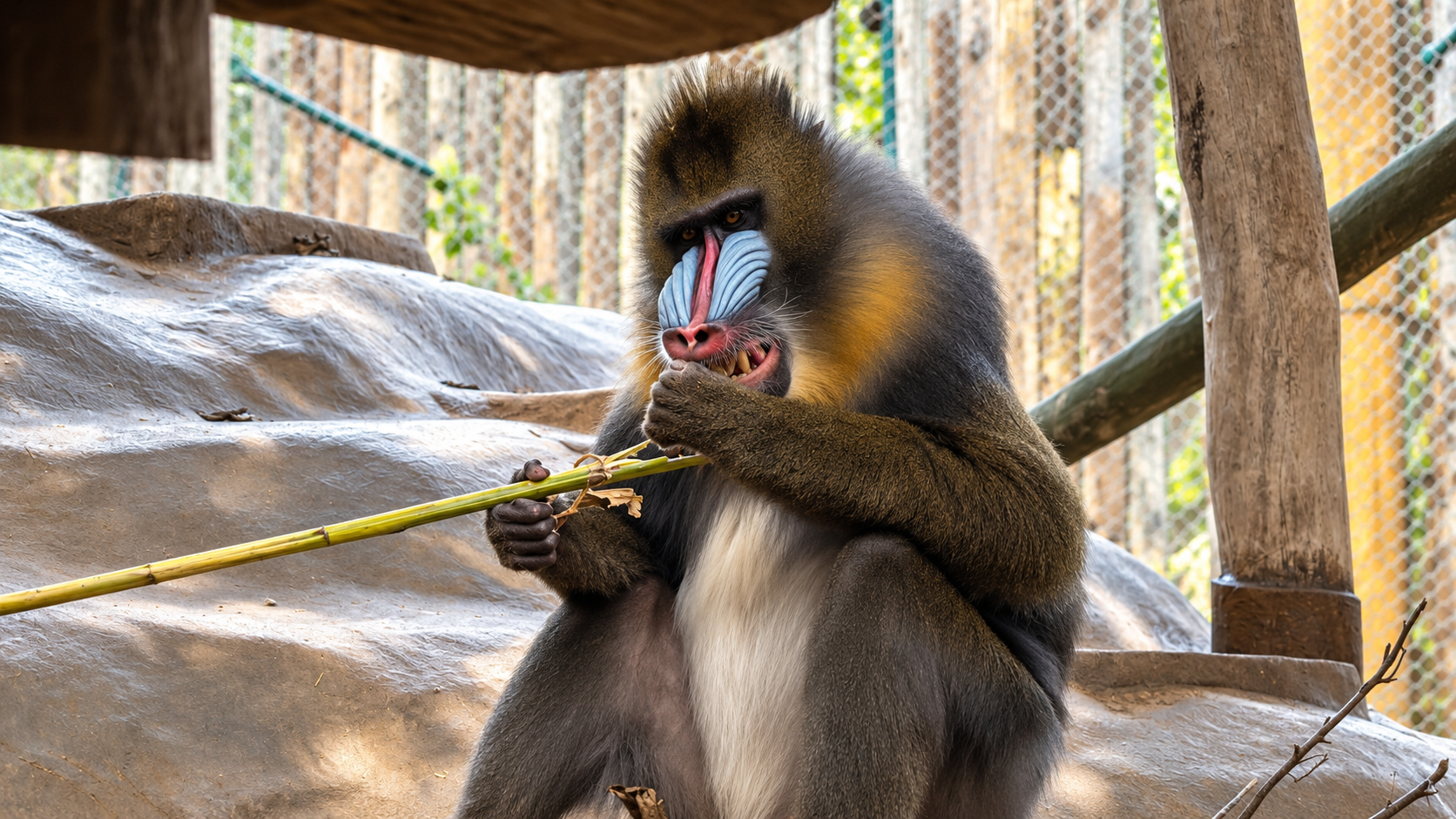 Mandrill mit Bambus