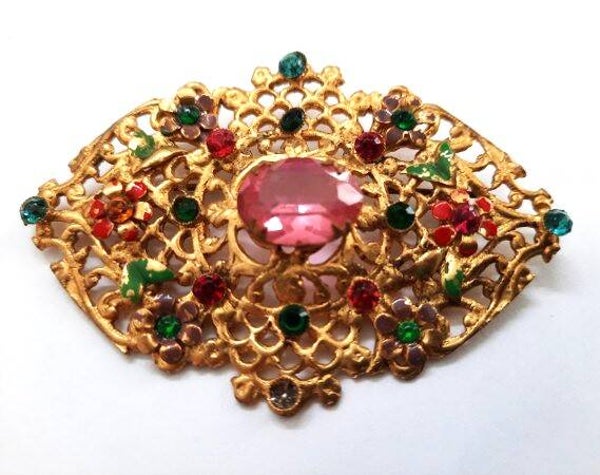 Grote antieke Tsjechische filigrain broche Roze Kristal