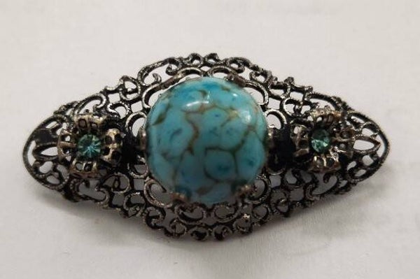 Oude Tsjechische filigrain broche met turkoois en strass
