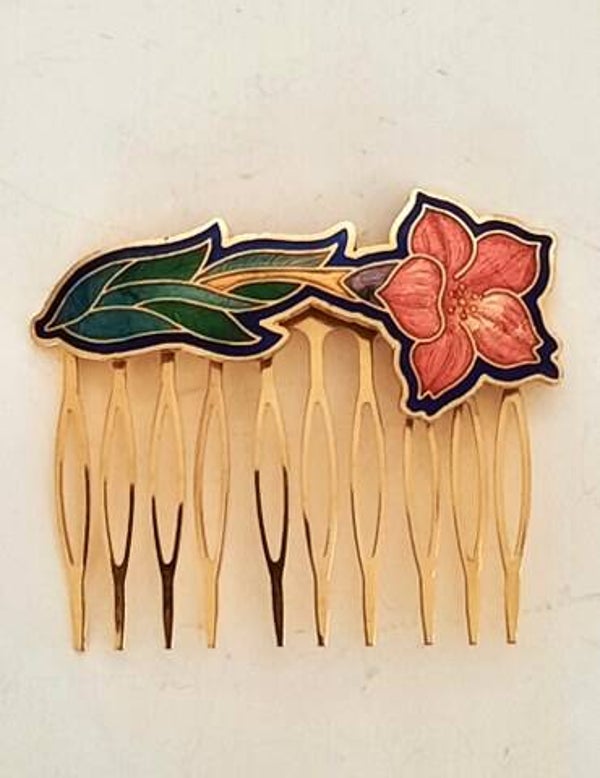 Prachtig verguld cloisonné haarkammetje met roze bloem (7451)