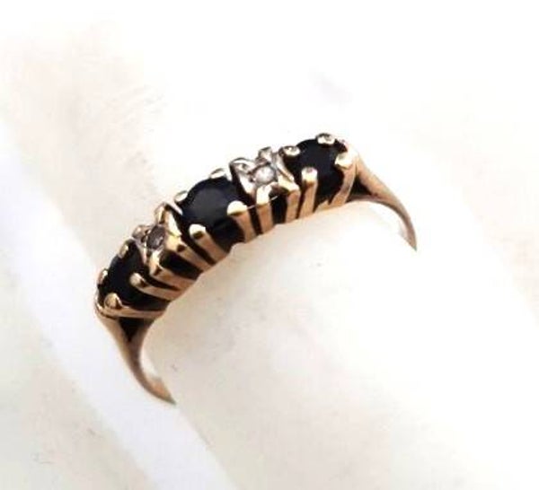 Prachtige vintage 14k gouden rijring met Saffier en Diamant
