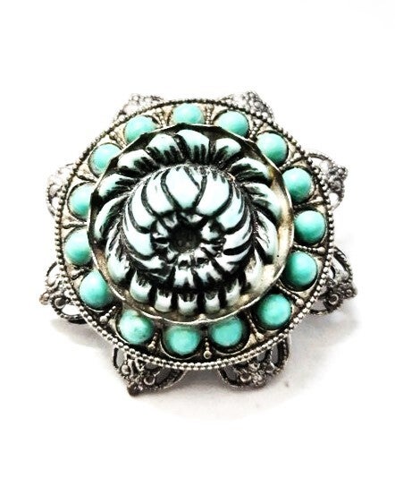 Prachtige vintage filigraan broche, Turquoise bloemmotief