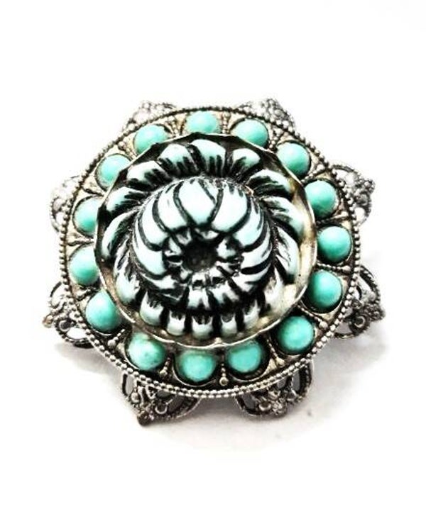 Prachtige vintage filigraan broche, Turquoise bloemmotief