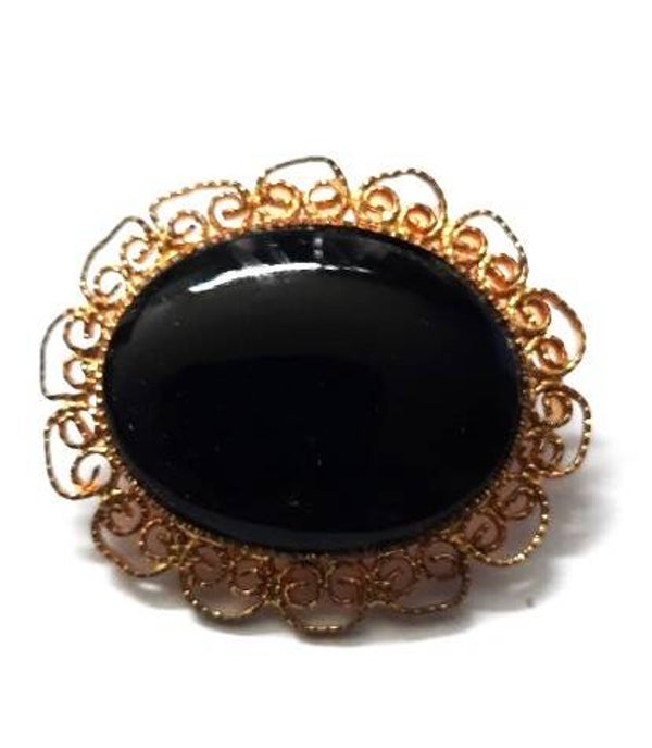 Prachtige vintage goudkleurige filigraan broche. Grote zwarte Cabochon