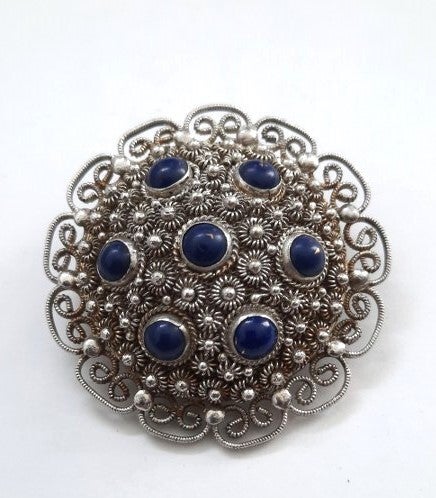 Prachtige zilveren filigrain broche met lapiz lazuli S925