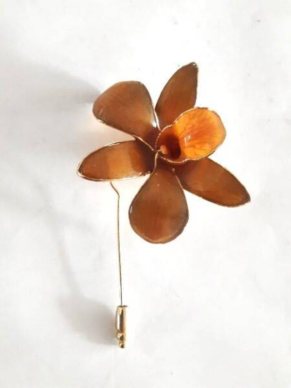 Schitterende vintage vergulde Orchidee broche van echte bloem!